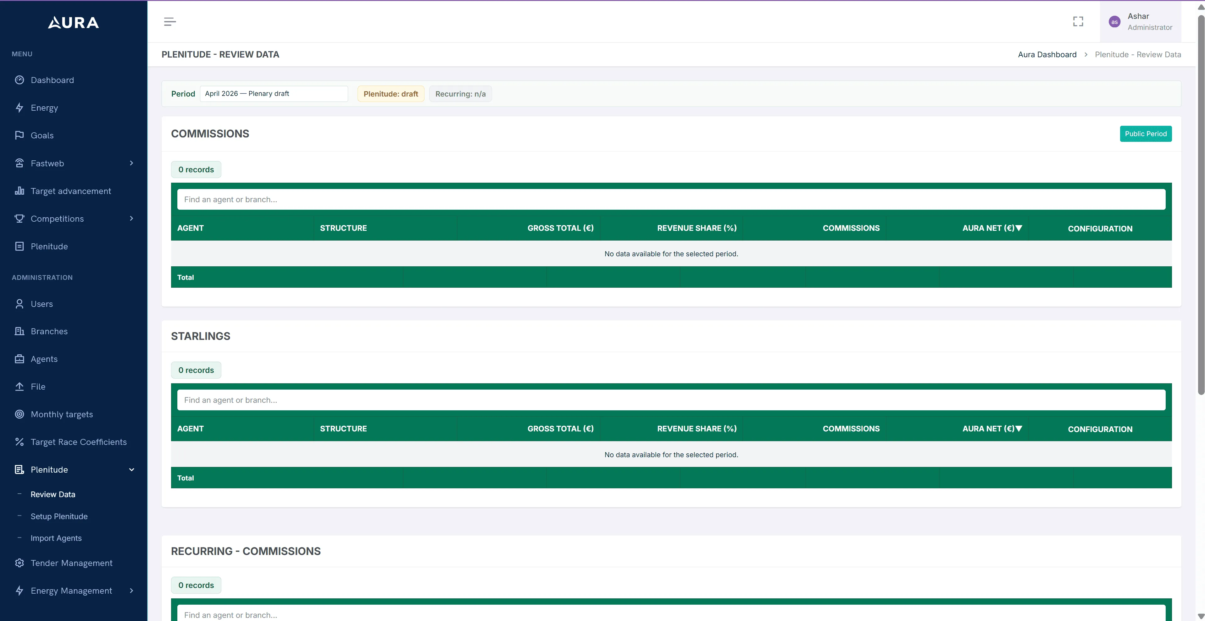 Commission review screen for a selected period, with tables for commissions, starlings and recurring commissions, each showing agent, structure, gross total, revenue share and net total.
